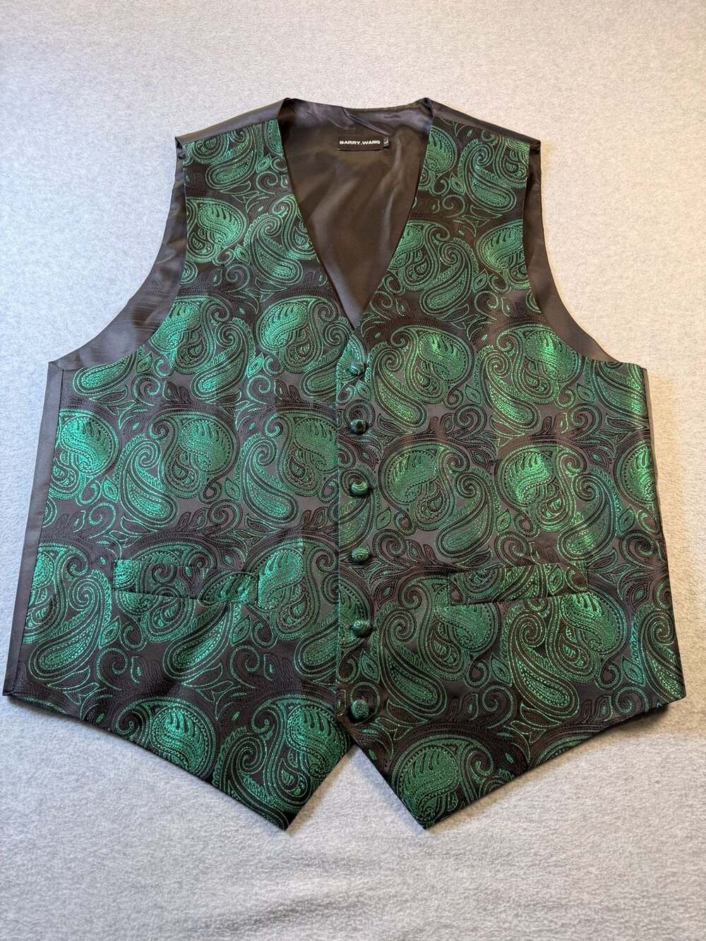 Barry.Wang Mens Green Black Paisley Jacquard Silk Suit Vest Waistcoat Size L